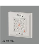 Control de pared con corriente Ventilador de techo: On/Off, Función Inversa, Regulador velocidad, Programacón y Viento natural