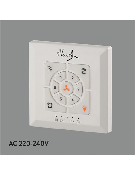 Control de pared con corriente Ventilador de techo: On/Off, Función Inversa, Regulador velocidad, Programacón y Viento natural