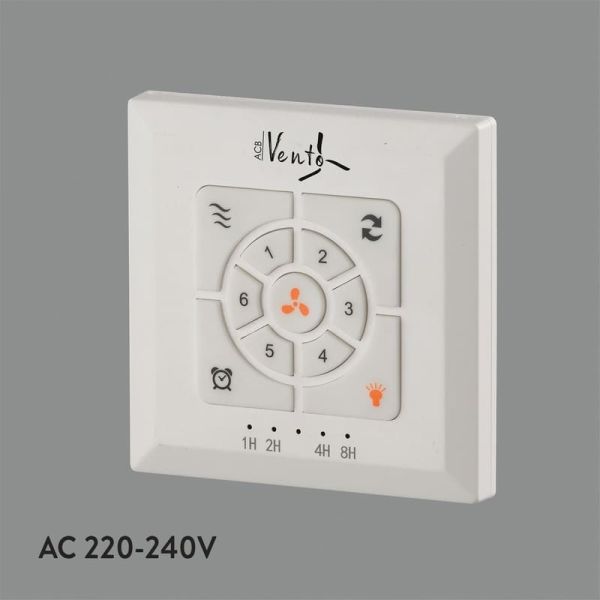 Control de pared con corriente Ventilador de techo: On/Off, Función Inversa, Regulador velocidad, Programacón y Viento natural