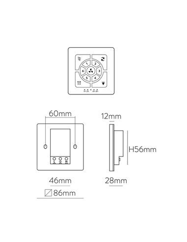 Controle de parede com alimentação Ventilador de teto: On/Off, Função Reverse, Regulador de velocidade, Programação e Vento natu