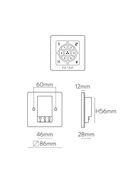 Control de pared con corriente Ventilador de techo: On/Off, Función Inversa, Regulador velocidad, Programacón y Viento natural