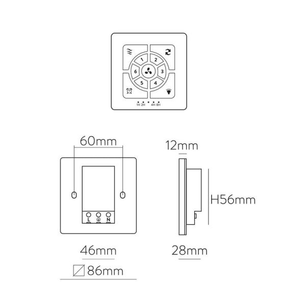 Control de pared con corriente Ventilador de techo: On/Off, Función Inversa, Regulador velocidad, Programacón y Viento natural