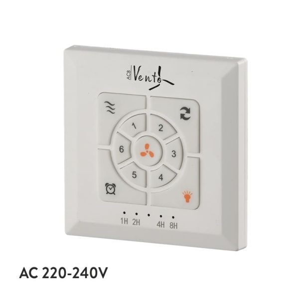 Control de pared con corriente Ventilador de techo: On/Off, Función Inversa, Regulador velocidad, Programacón y Viento natural