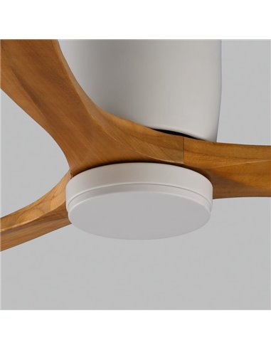 Ventilador de techo SIROCO blanco y palas madera, MOTOR DC 35W, CL.I, Mando a distancia