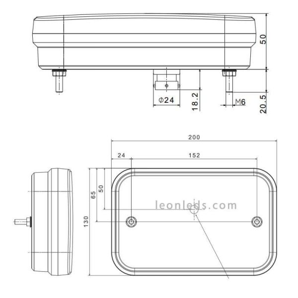 Dimensions Feu arrière LED CanBus intégré avec connecteur 5 broches avec éclairage de plaque d'immatriculation 12V Fristom | Léo