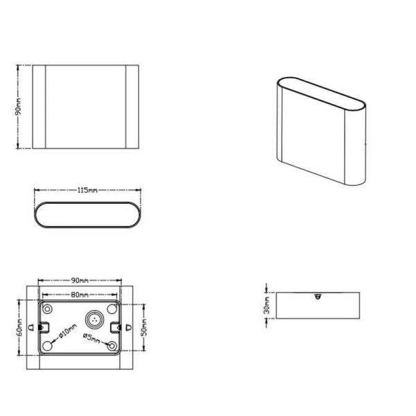Aplique LED para iluminação externa para cima e para baixo THAMES branco medidas
