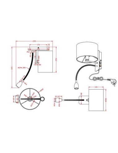 Applique HOTEL avec abat-jour en tissu 2 lumières mesures du produit