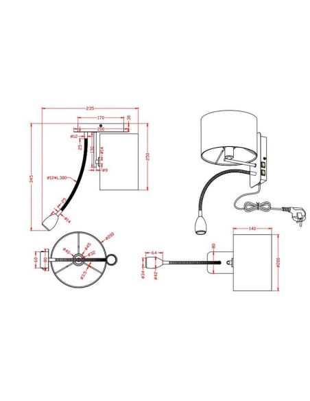 Applique HOTEL avec abat-jour en tissu 2 lumières mesures du produit