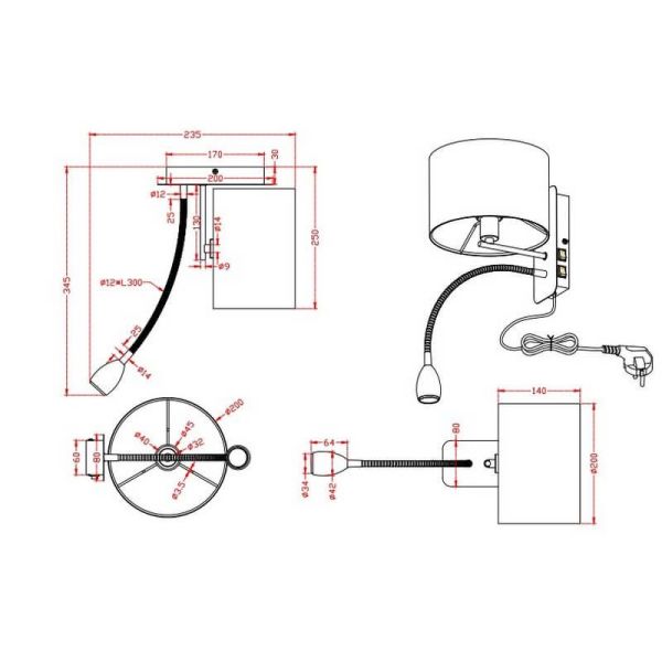 Aplique HOTEL com abajur de tecido 2 luzes medidas do produto