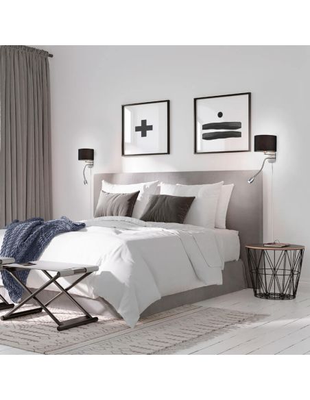 Aplique de pared HOTEL con pantalla de tela 2 luces pantalla negra en una habitación