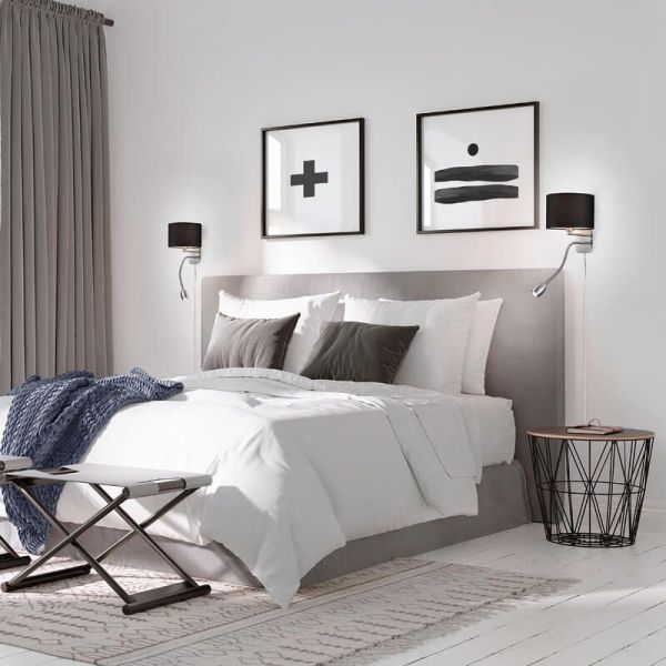 Aplique de pared HOTEL con pantalla de tela 2 luces pantalla negra en una habitación