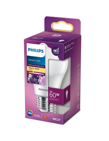 Lâmpada LED E27 com sensor de movimento 8W de substituição 60W luz quente 2.700K 8718699782733 | LeonLeds
