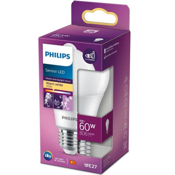 Bombilla E27 LED con Sensor de Movimiento 8W Reemplazo 60W Luz Calida 2.700K 8718699782733 | LeonLeds