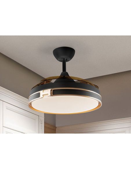 Ventilador de techo luz LED HERÓN dimmable función inversa Negro mate foto ambiente aspas cerradas