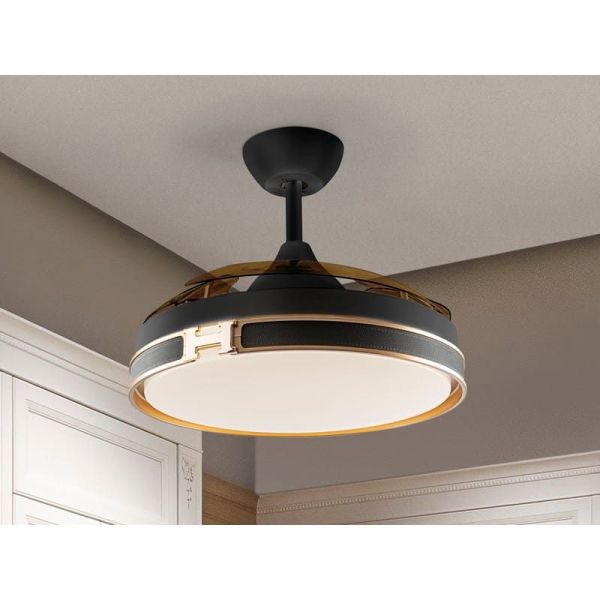 Ventilador de techo luz LED HERÓN dimmable función inversa Negro mate foto ambiente aspas cerradas