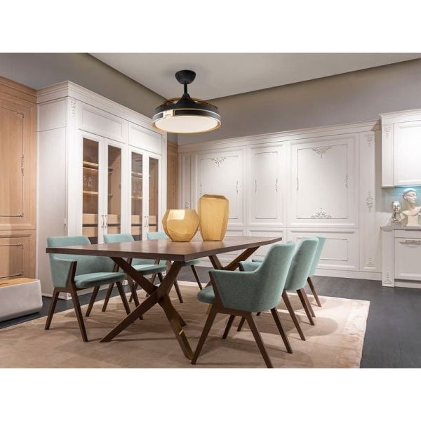 HERÓN lumière LED ventilateur de plafond dimmable fonction inverse noir mat dans un salon pales fermées