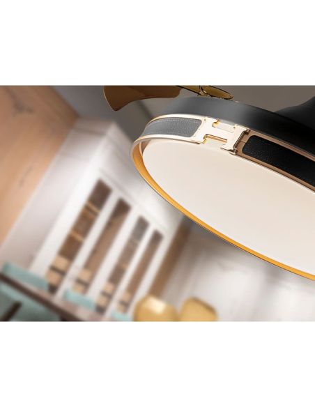 Ventilador de techo luz LED HERÓN dimmable función inversa Negro mate detalle cuero negro