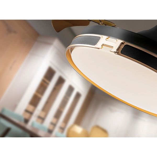 Ventilador de teto com luz LED HERÓN com função reversa regulável Detalhe em couro preto fosco
