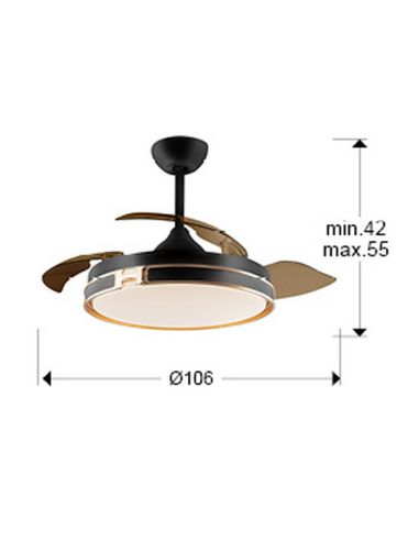 Ventilador de teto com luz LED HERÓN função reversa regulável Medições do produto preto fosco