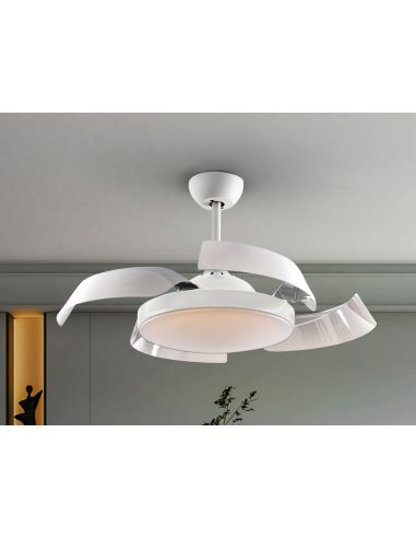 Ventilador de techo LED ENZO dimmable aspas retráctiles foto ambiente con aspas abiertas