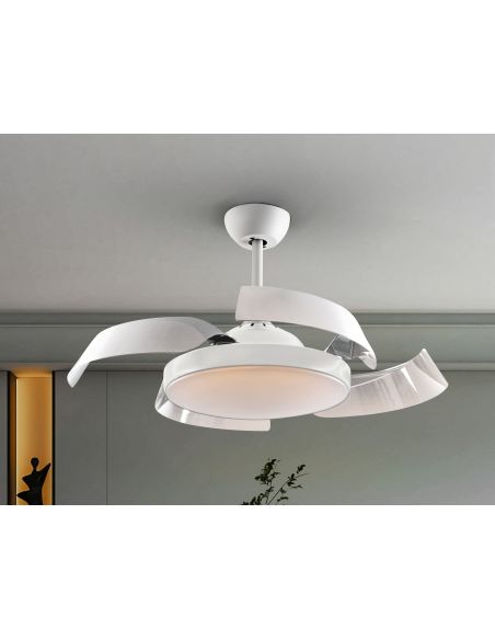 Ventilador de techo LED ENZO dimmable aspas retráctiles foto ambiente con aspas abiertas