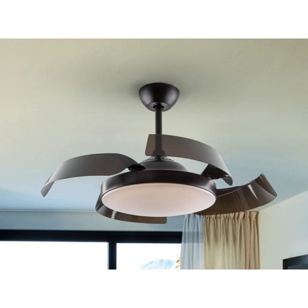 ENZO Ventilador de teto com luz LED regulável Função reversa lâminas abertas para foto ambiente