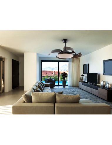 Ventilateur de plafond à lumière LED dimmable ENZO Fonction inverse dans un salon pales ouvertes