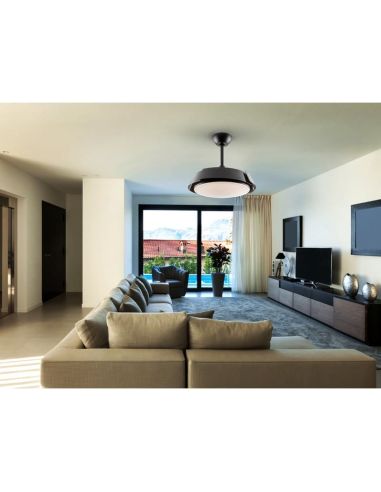 Ventilador de teto com luz LED regulável ENZO Função reversa em uma sala de estar com lâminas fechadas