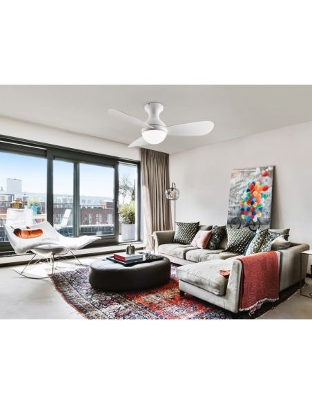 Ventilateur de plafond avec lumière LED VITO finition blanc mat dans un salon