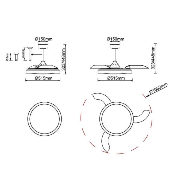 Ventilateur de plafond LED MISTRAL 50W avec pales repliables 30W Noir 2700K-5000K, mesures 3200 Lm