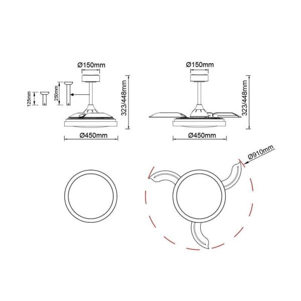 Ventilateur LED 40W MISTRAL MINI 28W Blanc 2700K-5000K, mesures 2500 Lm