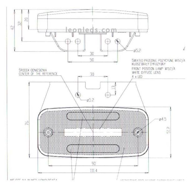 Dimensões Luz Lateral LED com Pisca e Refletor e Suporte ADR 12V-24V SM1 5 IA Was | LeonLeds