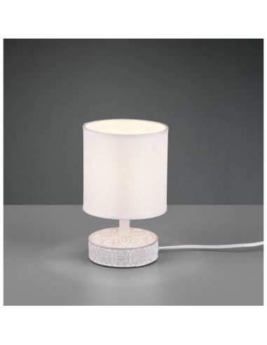 Lámpara de mesa MARIE Cerámica Tallada y Pantalla Tela Blanca | LeonLeds