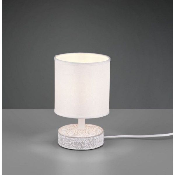Lámpara de mesa MARIE Cerámica Tallada y Pantalla Tela Blanca | LeonLeds