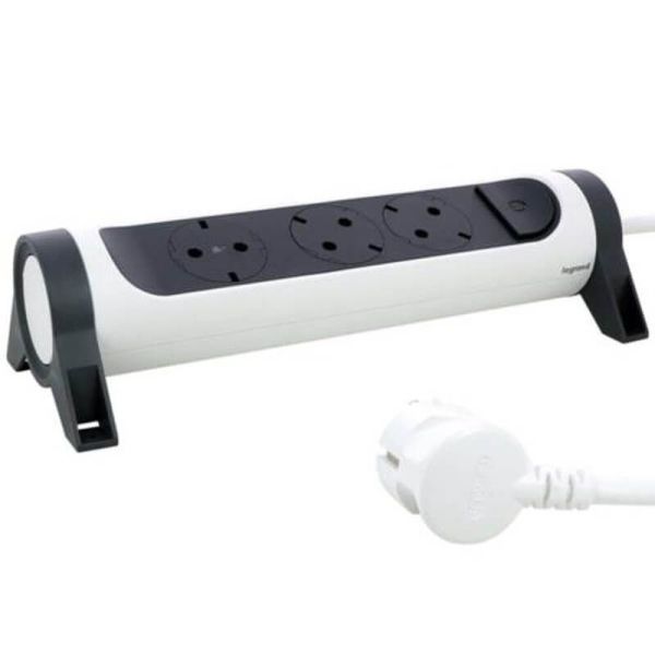 Base Multiple 3 tomas ransates fija y giratoria con 1,5Mts de Cable y Interruptor 2P+T, protegida sobretensiones Blanca y Negra