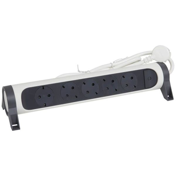 Regleta de Enchufes 5 tomas ransates fija y giratoria 1,5Mts Cable y Interruptor 2P+T protección sobretensiones Blanca y Negra
