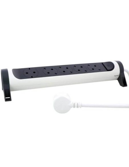 Regleta de Enchufes 5 tomas ransates fija y giratoria 1,5Mts Cable y Interruptor 2P+T protección Blanca y Negra 694531