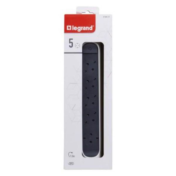Regleta de Enchufes 5 tomas ransates fija y giratoria 1,5Mts Cable y Interruptor 2P+T protección Blanca y Negra 694531