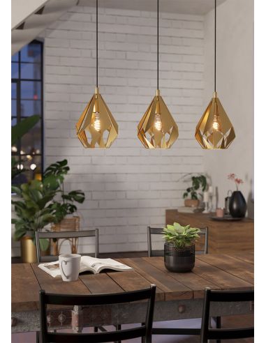 Lampe à Suspension Ambiente avec 3 abat-jour dorés suspendus à Cartlon Steel 43909