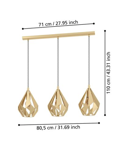 Detalle Lámpara Colgante con 3 pantallas Doradas suspendidas de Acero Cartlon 43909