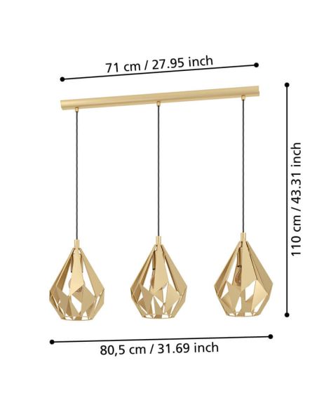 Luminária pendente Detail com 3 cúpulas douradas suspensas em estrutura de aço Cartlon 43909