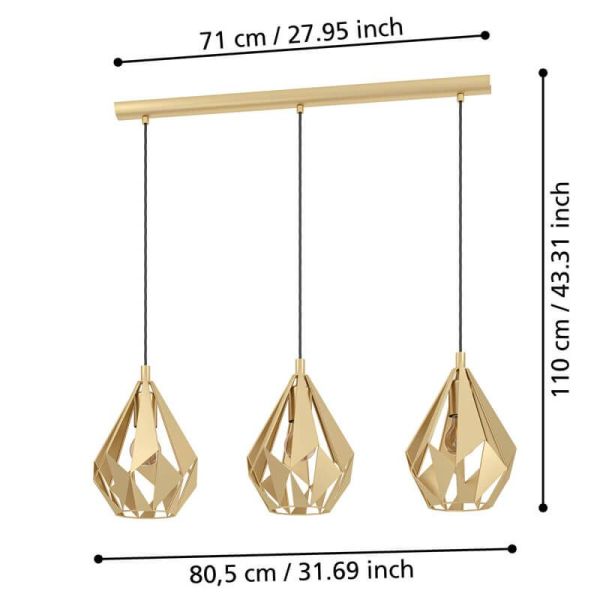 Luminária pendente Detail com 3 cúpulas douradas suspensas em estrutura de aço Cartlon 43909