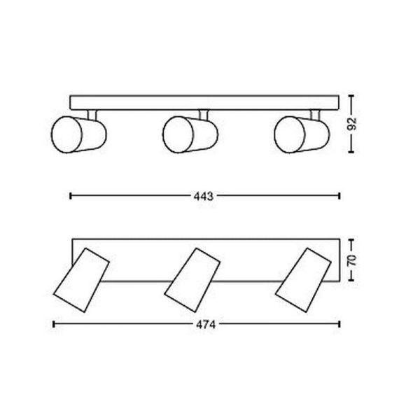 Fita 3 Focos PAISLEY Cor Alumínio IP20 Medidas do produto para teto ou parede | LeonLeds