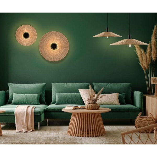 Abajur Ø 50cm PAMELA H50 mm + Disco Preto em corda e rattan, cores diversas -Configurável-