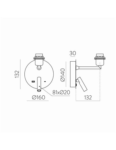 Aplique de pared con pantalla E27 15W + Lector LED 3W 3000K 285Lm, STILO, blanco/negro Texturado, Con USB y USBC