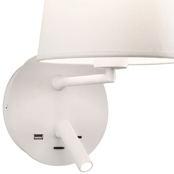 Aplique de pared con pantalla E27 15W + Lector LED 3W 3000K 285Lm, STILO, blanco/negro Texturado, Con USB y USBC