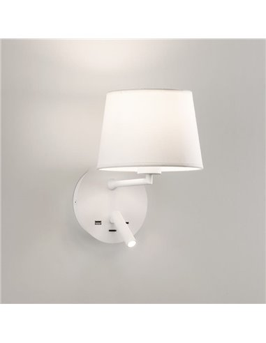 Aplique de pared con pantalla E27 15W + Lector LED 3W 3000K 285Lm, STILO, blanco/negro Texturado, Con USB y USBC