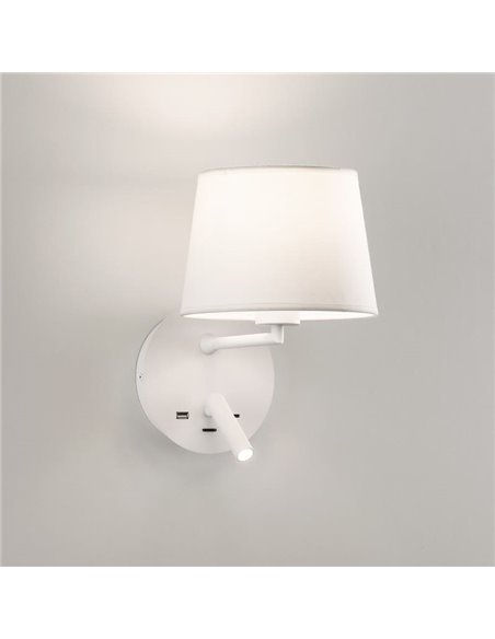 Aplique de pared con pantalla E27 15W + Lector LED 3W 3000K 285Lm, STILO, blanco/negro Texturado, Con USB y USBC