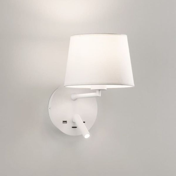 Aplique de pared con pantalla E27 15W + Lector LED 3W 3000K 285Lm, STILO, blanco/negro Texturado, Con USB y USBC