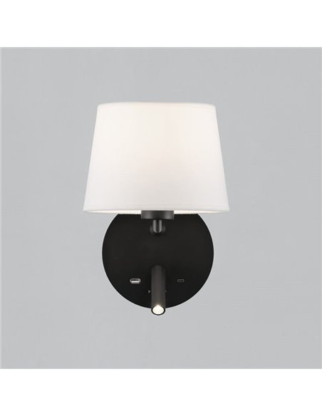 Aplique de pared con pantalla E27 15W + Lector LED 3W 3000K 285Lm, STILO, blanco/negro Texturado, Con USB y USBC